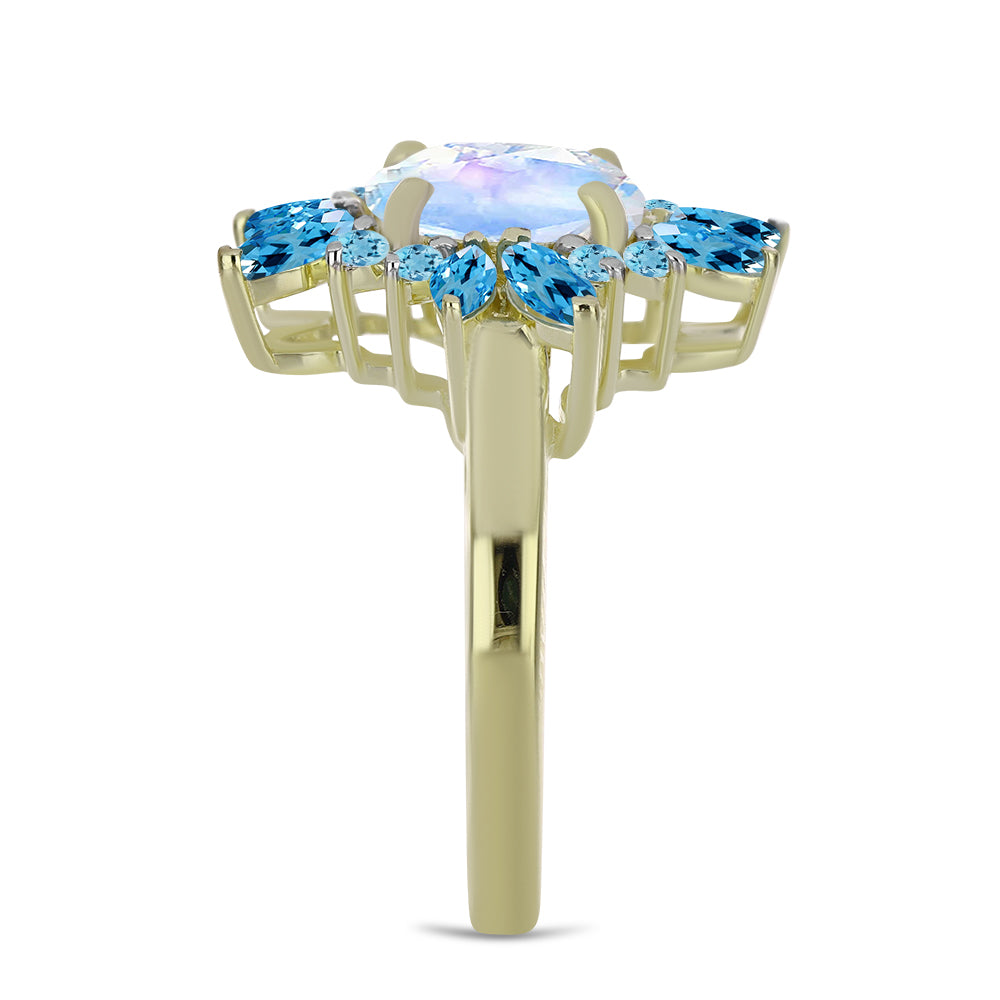 Inel din Argint 925 Placat cu Aur ( 3.91 grame ) cu Piatra Lunii Curcubeu și Topaz Albastru ”Elveția” 2.84 Carate
