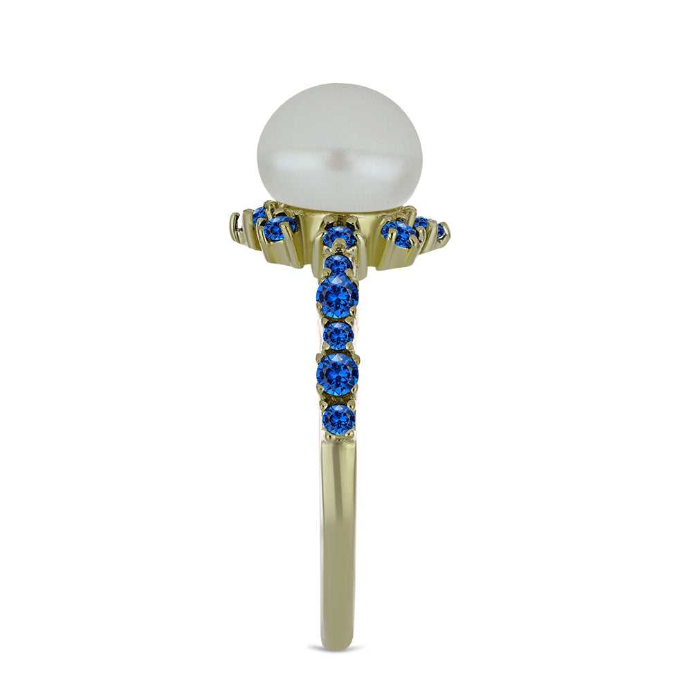 Inel din Argint 925 Placat cu Aur ( 2.29 grame ) cu Perlă de Apă Dulce Albă și Safir Albastru Australian 3.88 Carate