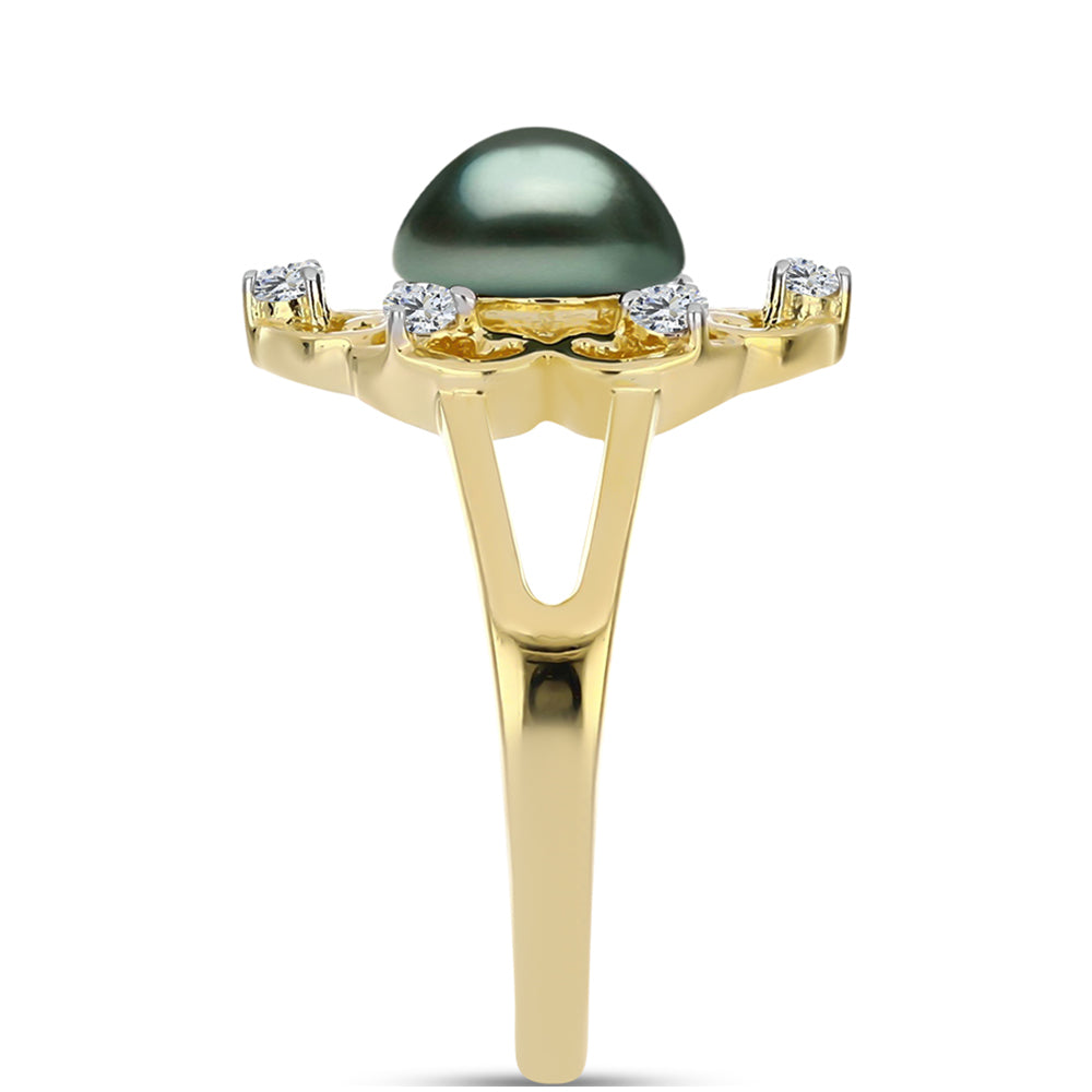 Inel din Argint 925 Placat cu Aur ( 3.43 grame ) cu Perlă De apă Dulce cu Efect "Verde Tahitian" și Topaz Alb 1.01 Carate