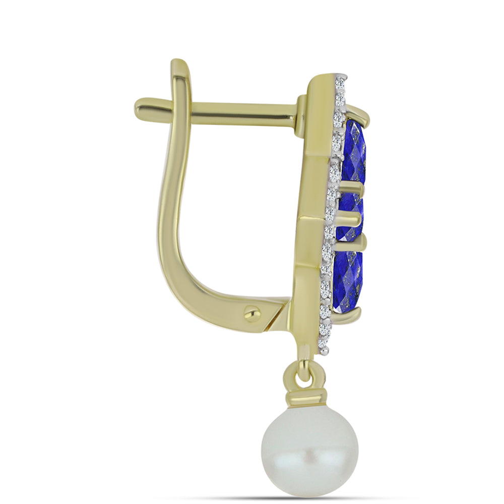 Cercei din Argint 925 Placat cu Aur ( 5.26 grame ) cu Lapis Lazuli și Perlă de Apă Dulce Albă 5.63 Carate