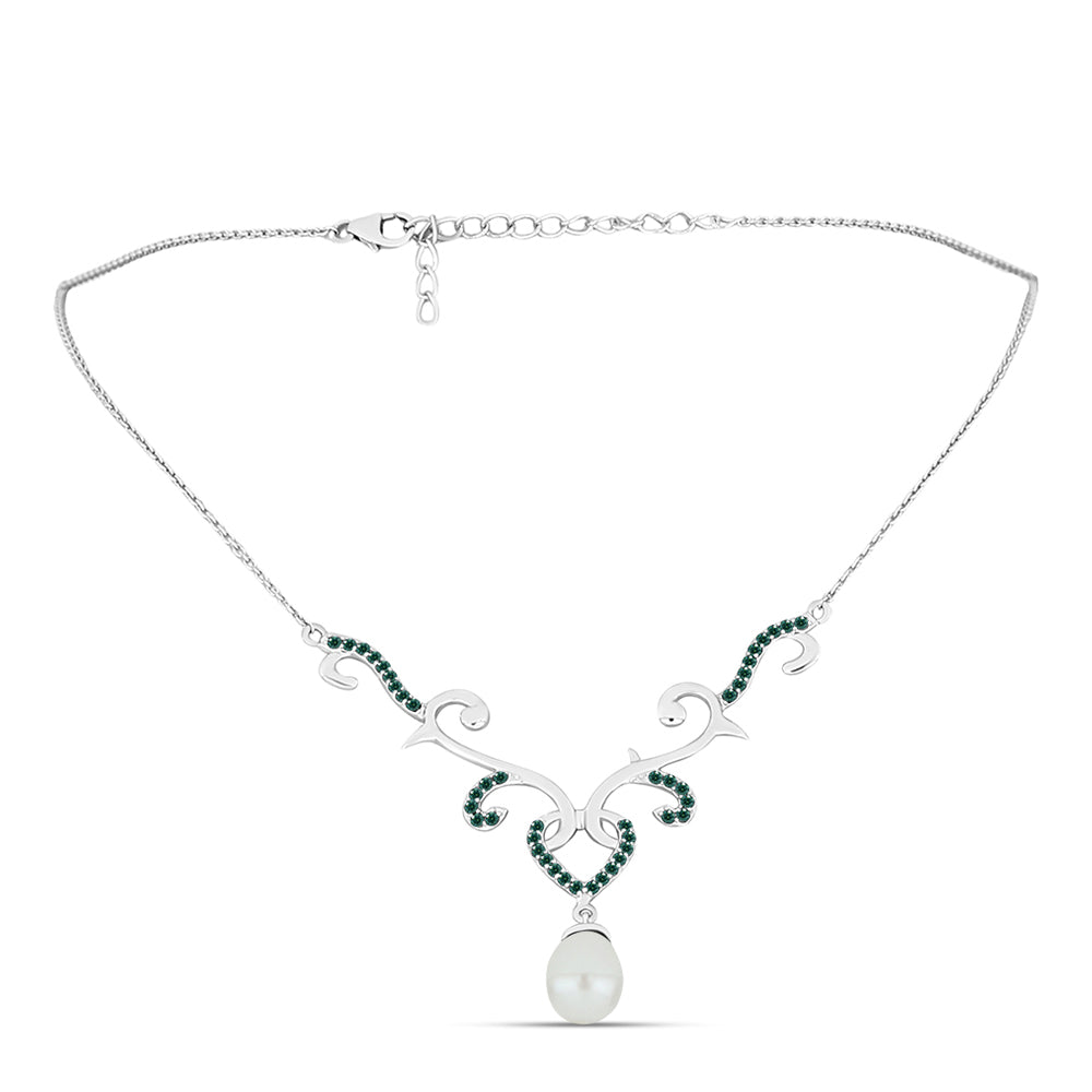 Colier din Argint 925 ( 5.05 grame ) cu Moissanite verde-albăstrui marin și Perlă de Apă Dulce Albă 5.25 Carate
