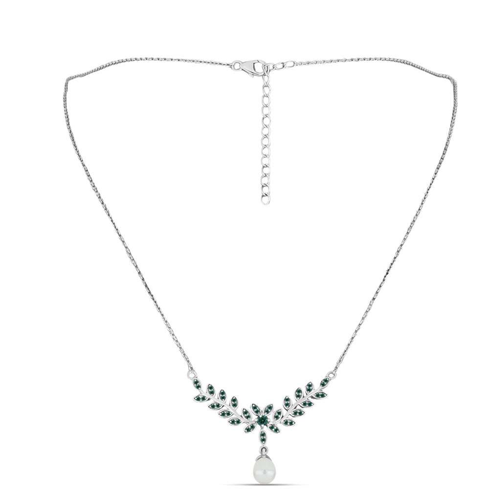 Colier din Argint 925 ( 5.22 grame ) cu Moissanite verde-albăstrui marin și Perlă de Apă Dulce Albă 2.26 Carate