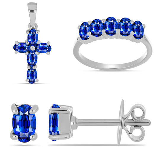 Cruce Set din Argint 925 ( 4.36 grame ) cu Safir Albastru Australian 4.16 Carate ( Cercei+Inel+Pandantiv )