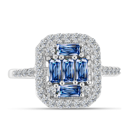 Inel din Argint 925 ( 2.77 grame ) cu Moissanite Albastru Oceanic și Topaz Alb 1.02 Carate