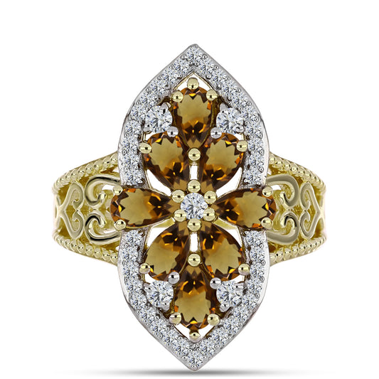 Inel din Argint 925 Placat cu Aur ( 4.54 grame ) cu Cuarț Coniac și Topaz Alb 1.98 Carate