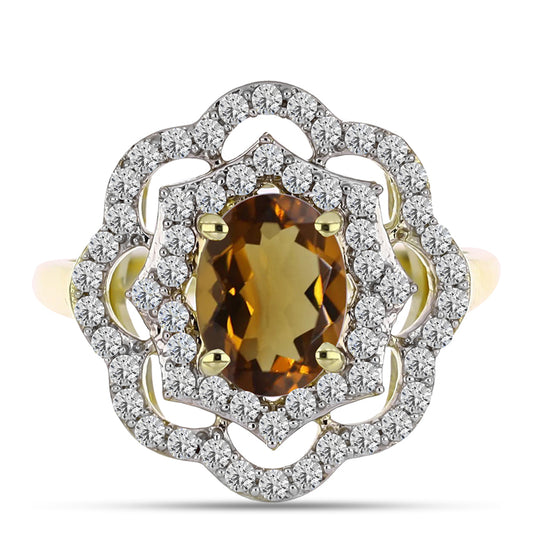 Inel din Argint 925 Placat cu Aur ( 3.08 grame ) cu Cuarț Coniac și Topaz Alb 1.58 Carate