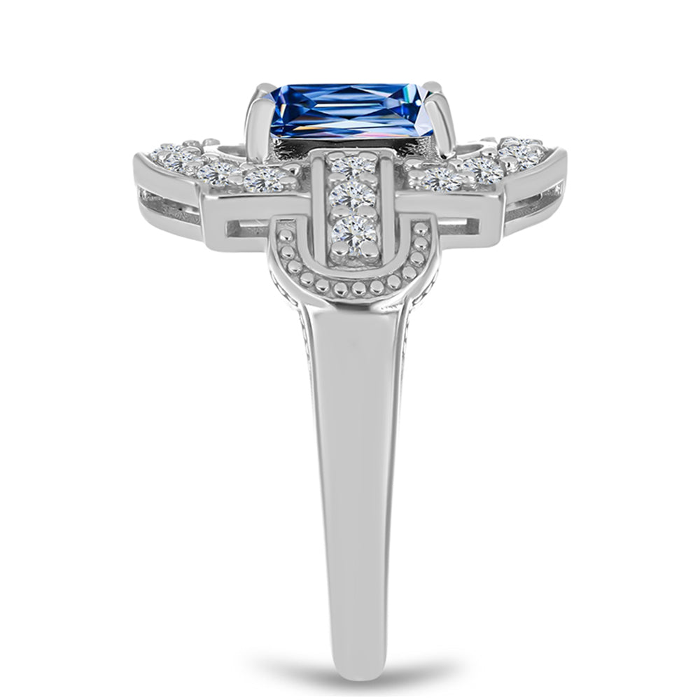 Inel din Argint 925 ( 4.34 grame ) cu Moissanite Albastru Oceanic și Topaz Alb 2.19 Carate