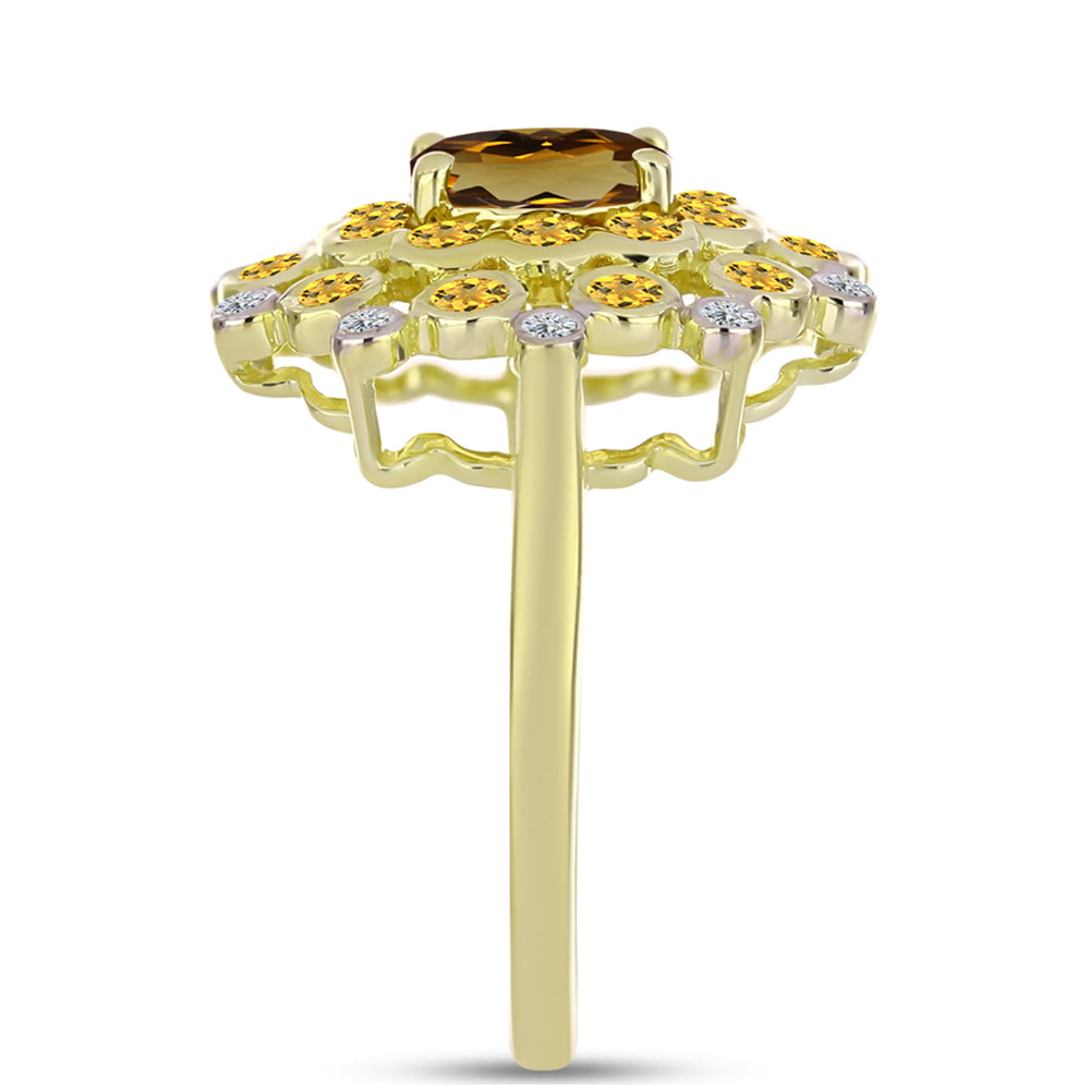 Inel din Argint 925 Placat cu Aur ( 4.22 grame ) cu Cuarț Coniac și Topaz Alb 1.52 Carate