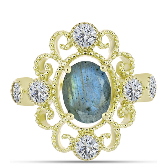 Inel din Argint 925 Placat cu Aur ( 3.65 grame ) cu Labradorit și Topaz Alb 2.9 Carate