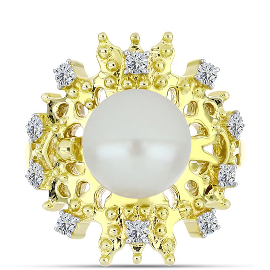 Inel din Argint 925 Placat cu Aur ( 5.96 grame ) cu Perlă de Apă Dulce Albă și Topaz Alb 5.37 Carate