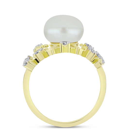 Inel din Argint 925 Placat cu Aur ( 5.96 grame ) cu Perlă de Apă Dulce Albă și Topaz Alb 5.37 Carate