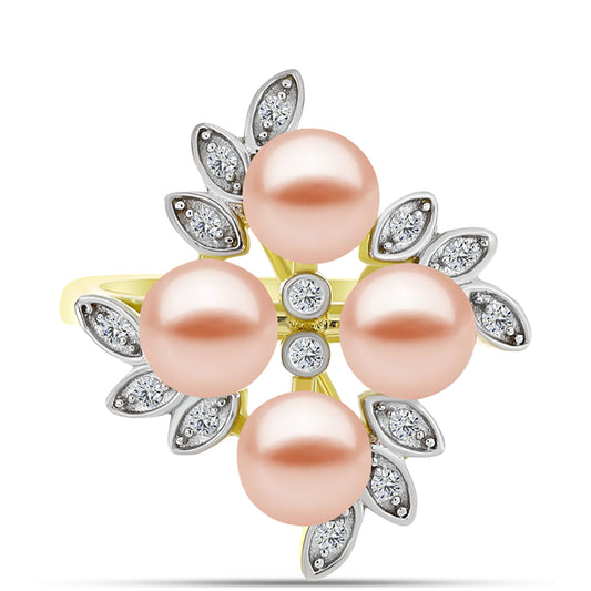 Inel din Argint 925 Placat cu Aur ( 4.44 grame ) cu Perlă de Apă Dulce Piersică și Topaz Alb 5.78 Carate