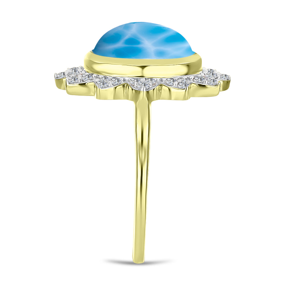 Inel din Argint 925 Placat cu Aur ( 4.88 grame ) cu Larimar(Piatra delfinului) și Topaz Alb 7.5 Carate