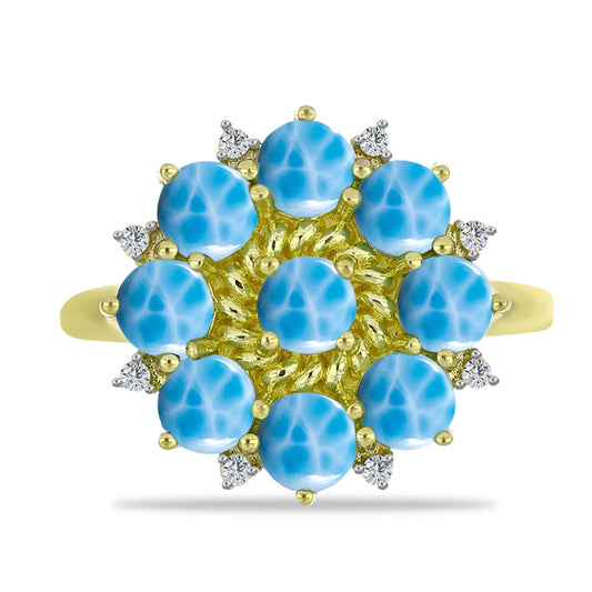 Inel din Argint 925 Placat cu Aur ( 3.14 grame ) cu Larimar(Piatra delfinului) și Topaz Alb 2.81 Carate