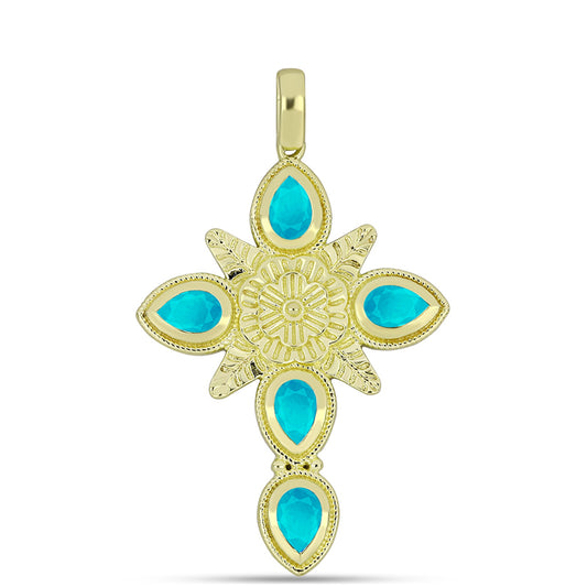 Cruce Pandantiv din Argint 925 Placat cu Aur ( 5.94 grame ) cu Jad albastru 2.07 Carate
