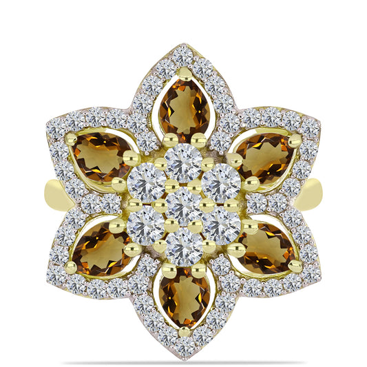 Inel din Argint 925 Placat cu Aur ( 5.34 grame ) cu Cuarț Coniac și Topaz Alb 3.7 Carate