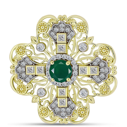 Broşă din Argint 925 Placat cu Aur ( 8.02 grame ) cu Agat Verde și Topaz Alb 2.24 Carate