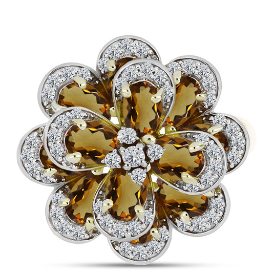 Inel din Argint 925 Placat cu Aur ( 7.64 grame ) cu Cuarț Coniac și Topaz Alb 5.9 Carate