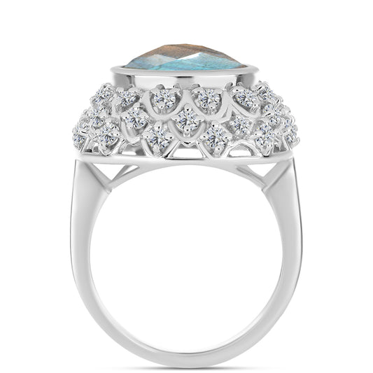 Inel din Argint 925 ( 6.8 grame ) cu Labradorit și Topaz Alb 6.74 Carate