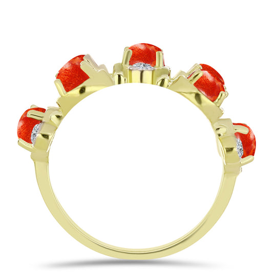 Inel din Argint 925 Placat cu Aur ( 4.43 grame ) cu Coral Roșu Burete și Topaz Alb 2.33 Carate
