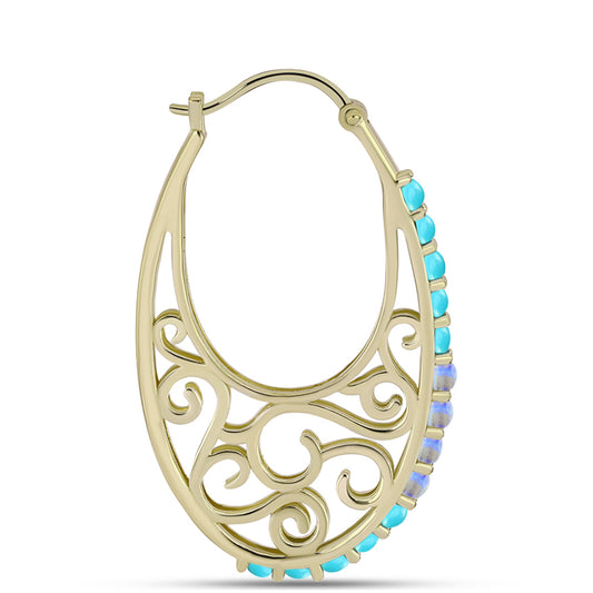 Cercei din Argint 925 Placat cu Aur ( 7.65 grame ) cu Turcoaz ”Frumoasa Adormită” și Piatra Lunii Curcubeu 1.77 Carate