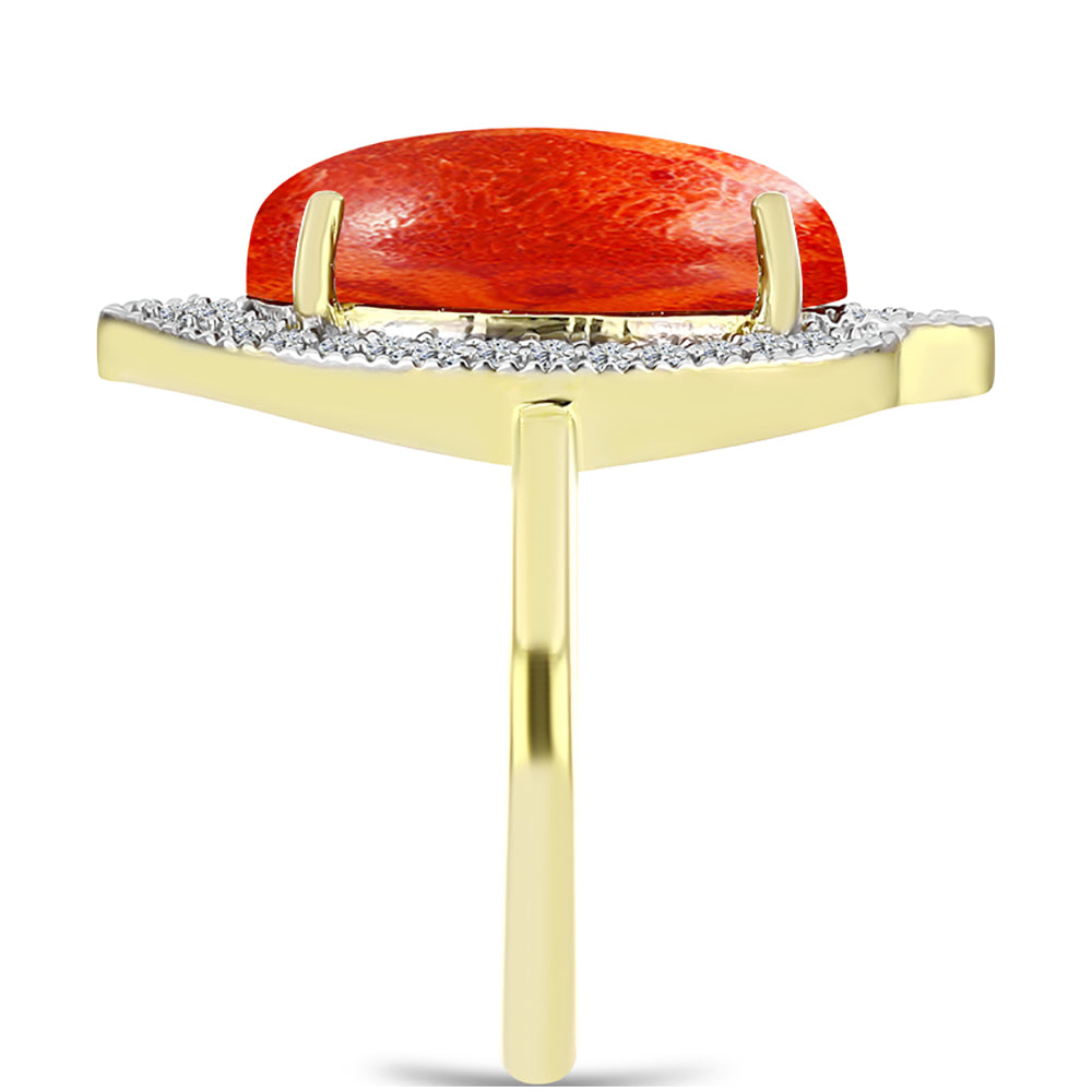 Inel din Argint 925 Placat cu Aur ( 3.11 grame ) cu Coral Roșu Burete și Topaz Alb 4.48 Carate