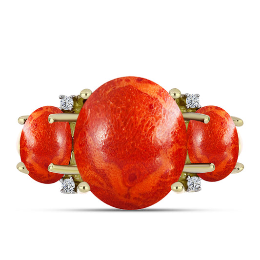 Inel din Argint 925 Placat cu Aur ( 3.13 grame ) cu Coral Roșu Burete și Topaz Alb 4.98 Carate