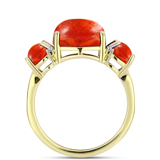 Inel din Argint 925 Placat cu Aur ( 3.13 grame ) cu Coral Roșu Burete și Topaz Alb 4.98 Carate