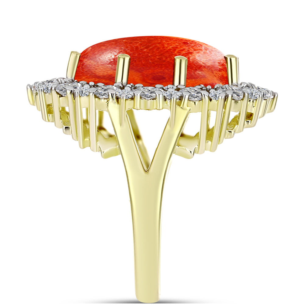 Inel din Argint 925 Placat cu Aur ( 5.92 grame ) cu Coral Roșu Burete și Zircon Alb 9.42 Carate