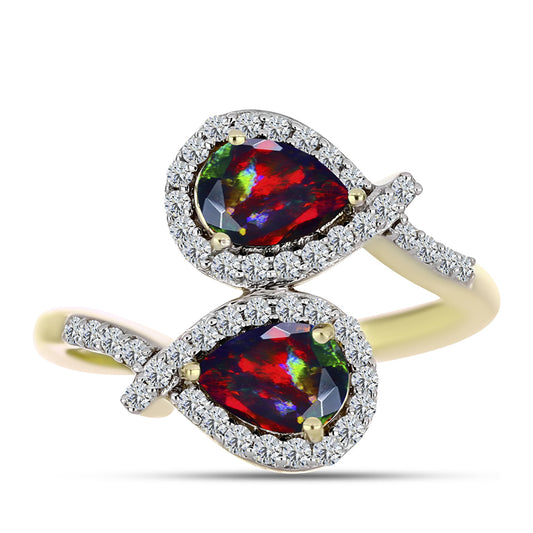 Inel din Argint 925 Placat cu Aur ( 3.66 grame ) cu Opal Etiopian Negru Lega Dembi și Topaz Alb 1.29 Carate