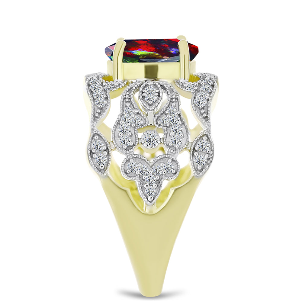 Inel din Argint 925 Placat cu Aur ( 4.55 grame ) cu Opal Etiopian Negru Lega Dembi și Topaz Alb 1.68 Carate