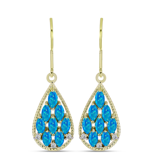 Cercei din Argint 925 Placat cu Aur ( 3.61 grame ) cu Opal Albastru Etiopian Paraiba și Topaz Alb 1.58 Carate