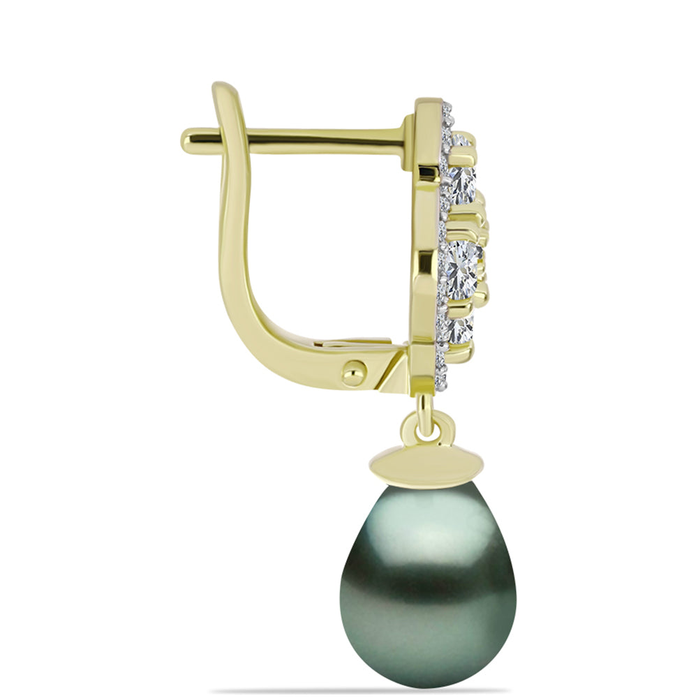 Cercei din Argint 925 Placat cu Aur ( 4.44 grame ) cu Perlă De apă Dulce cu Efect "Verde Tahitian" și Topaz Alb 13.1 Carate