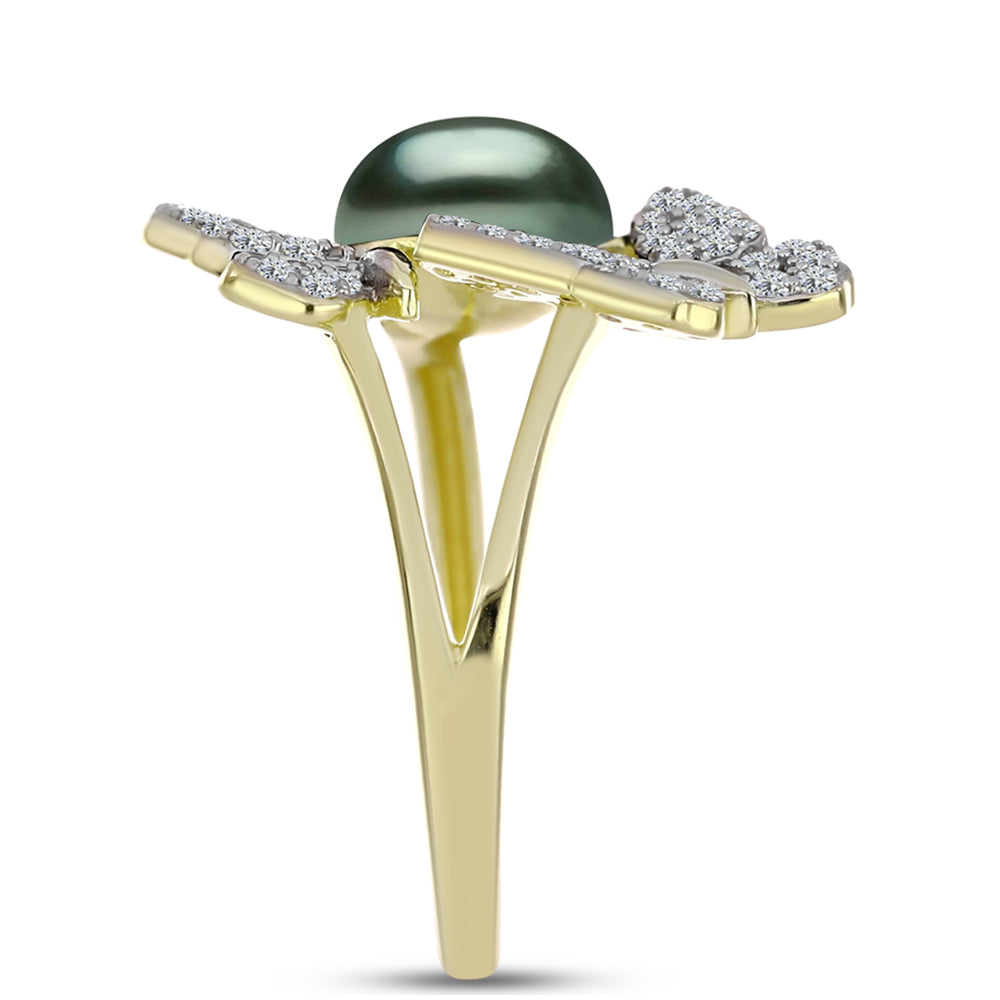 Inel din Argint 925 Placat cu Aur ( 3.31 grame ) cu Perlă De apă Dulce cu Efect "Verde Tahitian" și Topaz Alb 2.57 Carate