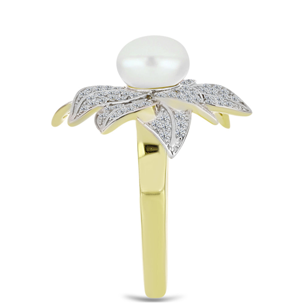 Inel din Argint 925 Placat cu Aur ( 5.26 grame ) cu Perlă de Apă Dulce Albă și Topaz Alb 3.82 Carate
