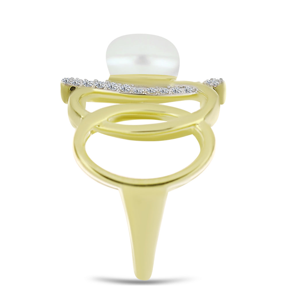 Inel din Argint 925 Placat cu Aur ( 4.75 grame ) cu Perlă de Apă Dulce Albă și Topaz Alb 2.74 Carate