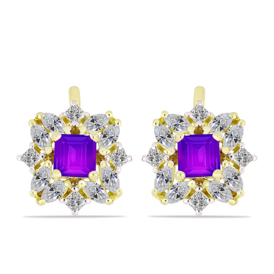 Cercei din Argint 925 Placat cu Aur ( 3.9 grame ) cu Agat Violet și Topaz Alb 2.68 Carate