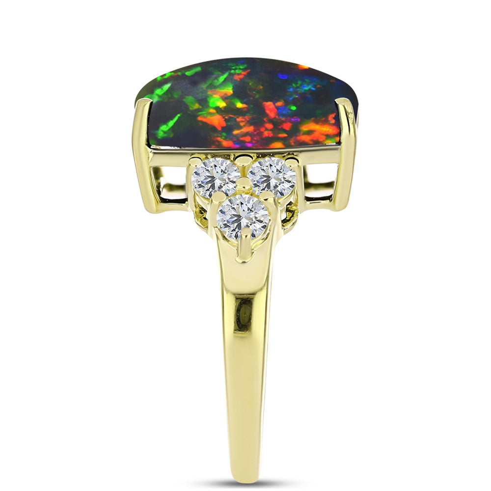 Inel din Argint 925 Placat cu Aur ( 3.52 grame ) cu Opal Etiopian Negru Lega Dembi și Topaz Alb 5.57 Carate