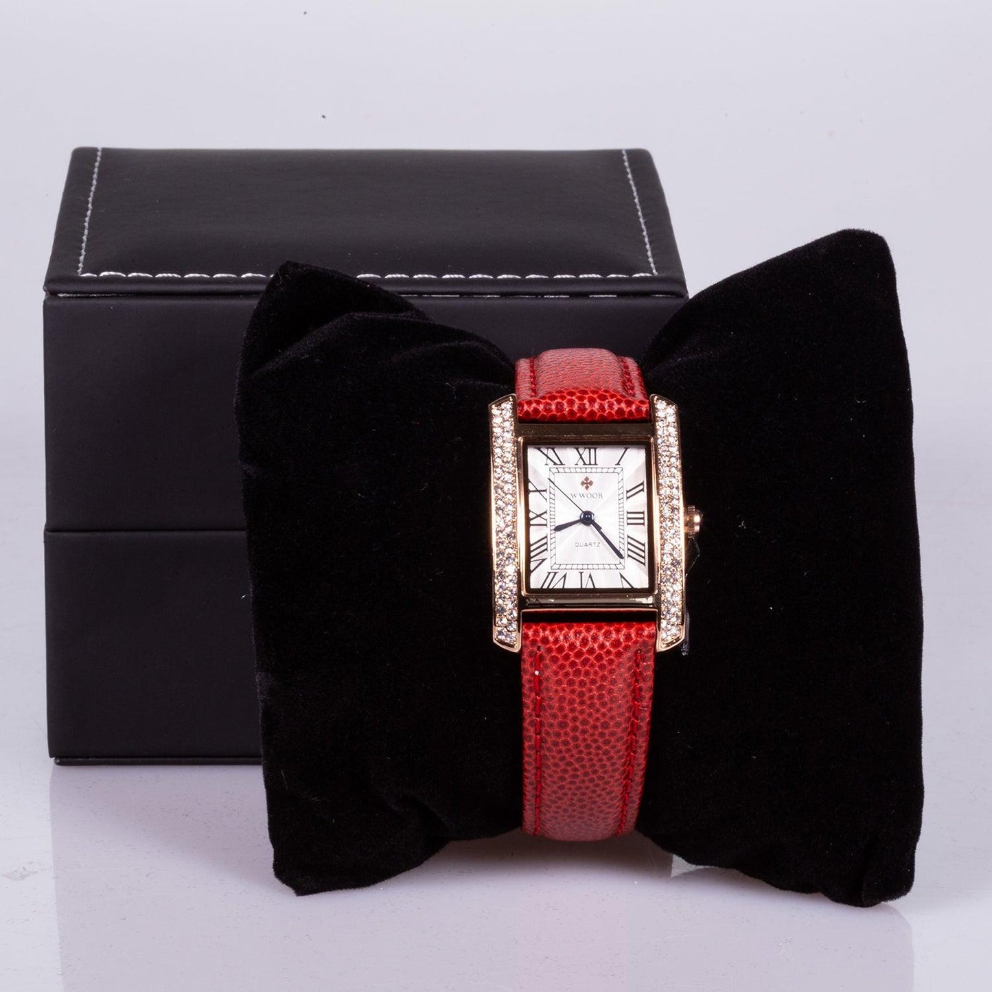 Ceas din Oțel Inoxidabil,Curea din Piele Roșie, Cadran Alb cu Zirconiu - Bijuterii TV