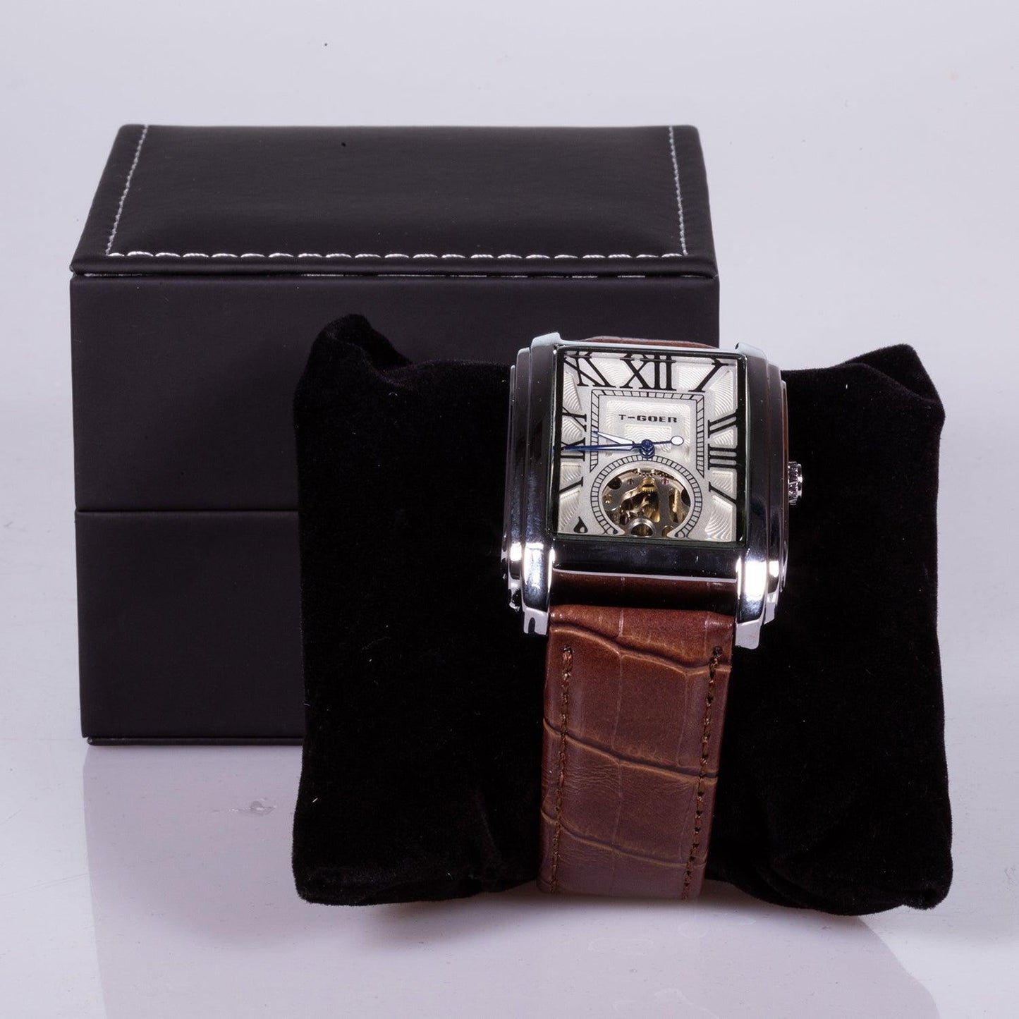 Ceas Automat din Oțel Inoxidabil,Curea din Piele Maro - Bijuterii TV