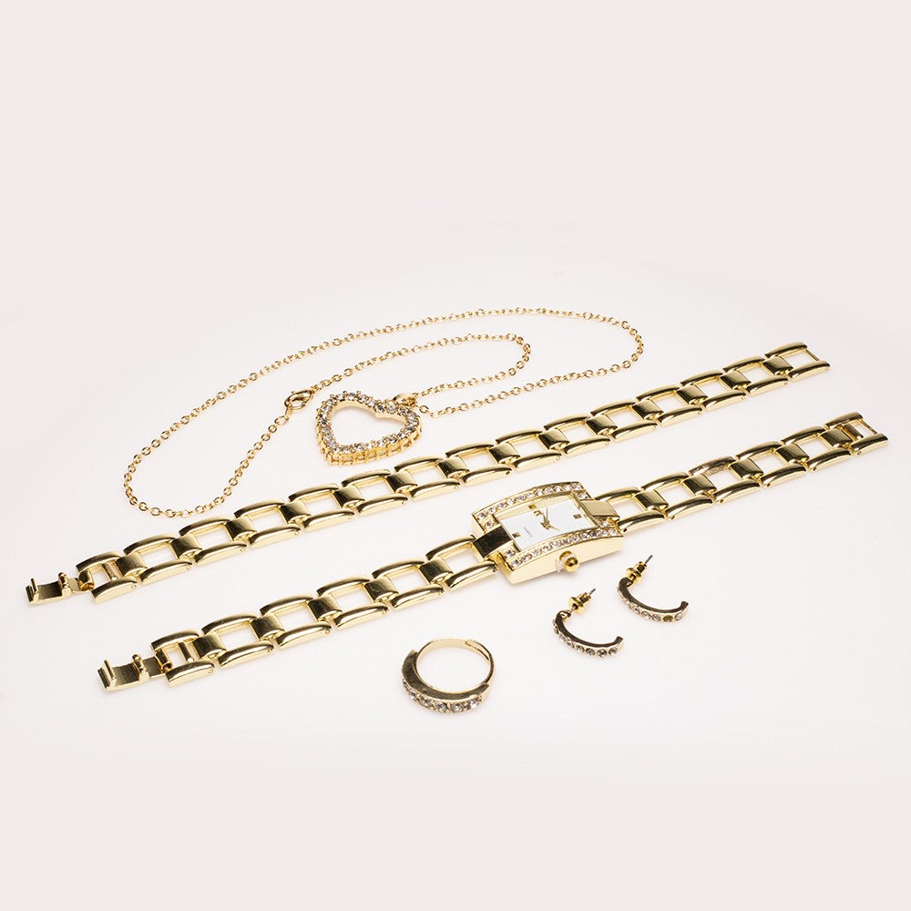 Set din Aliaj Placat cu Aur cu Cristal Alb Emporia® ( Colier+Cercei+Brățară+Inel+Pandantiv )