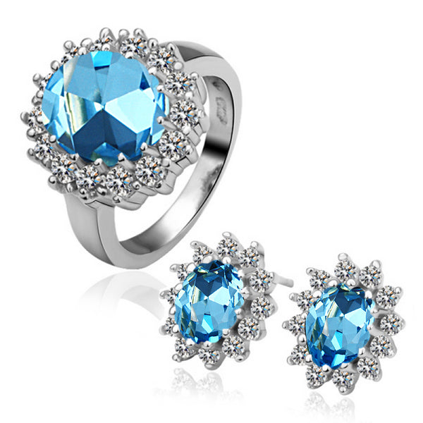 Set din Aliaj Placat cu Aur cu Cristal Albastru Emporia® ( Cercei+Inel )