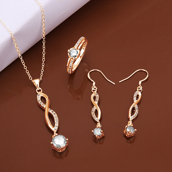 Set din Aliaj Placat cu Aur cu Cristal Alb Emporia® ( Colier+Cercei+Inel )