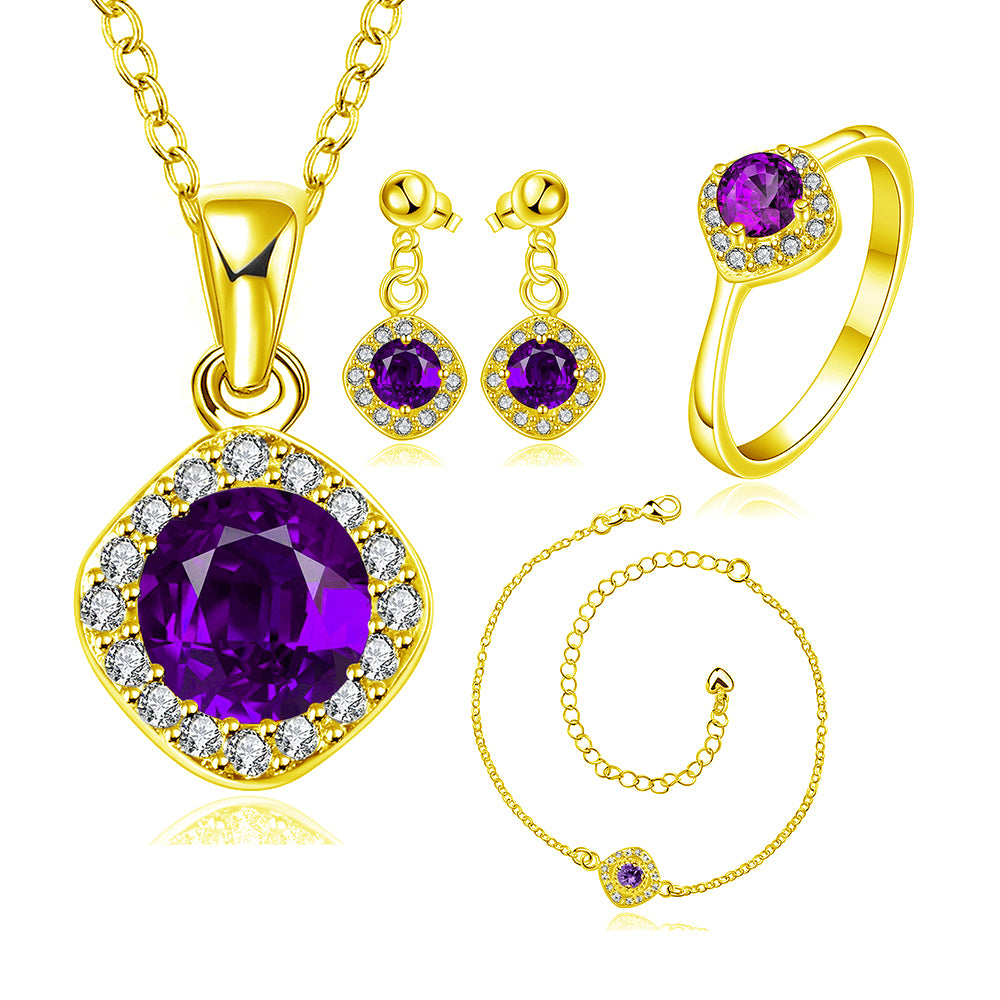 Set din Aliaj Placat cu Aur cu Cristal Violet Emporia® ( Colier+Cercei+Brățară+Inel )