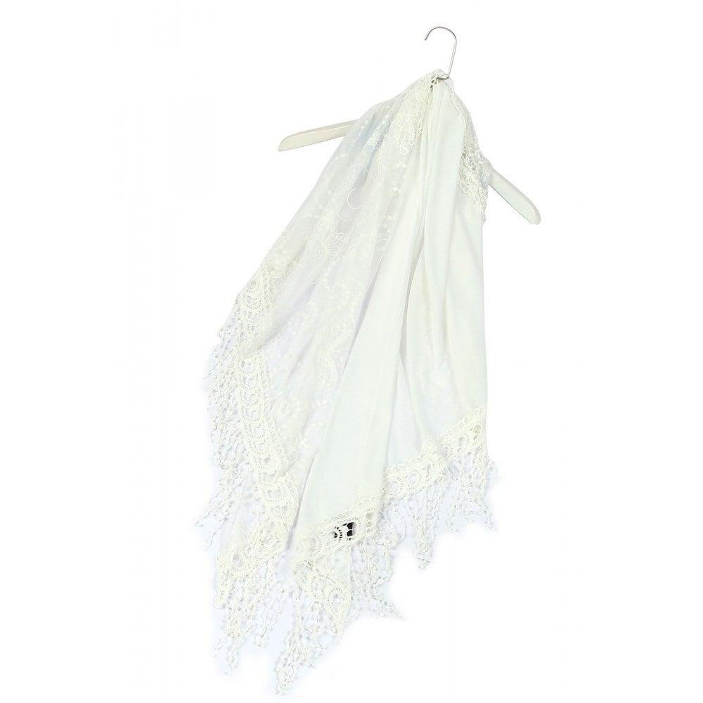 Eșarfă Trapezoidală din Bumbac, 80 cm x 198 cm x 70 cm, Model Fluture și Dantelă, Albă - Bijuterii TV