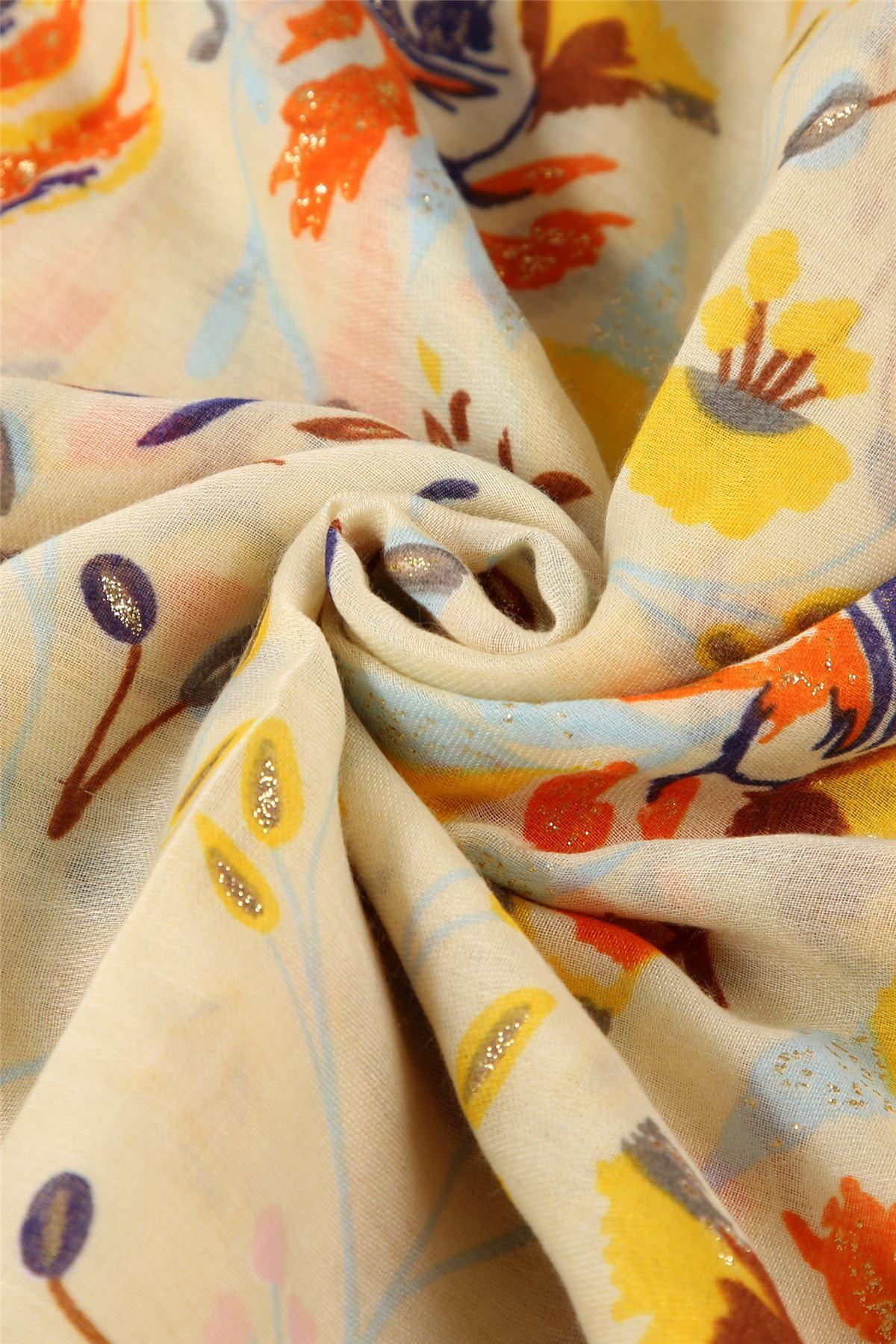 Eșarfă-Șal 90 cm x 180 Stil Popular, cu Modele Florale, Galbenă - Bijuterii TV