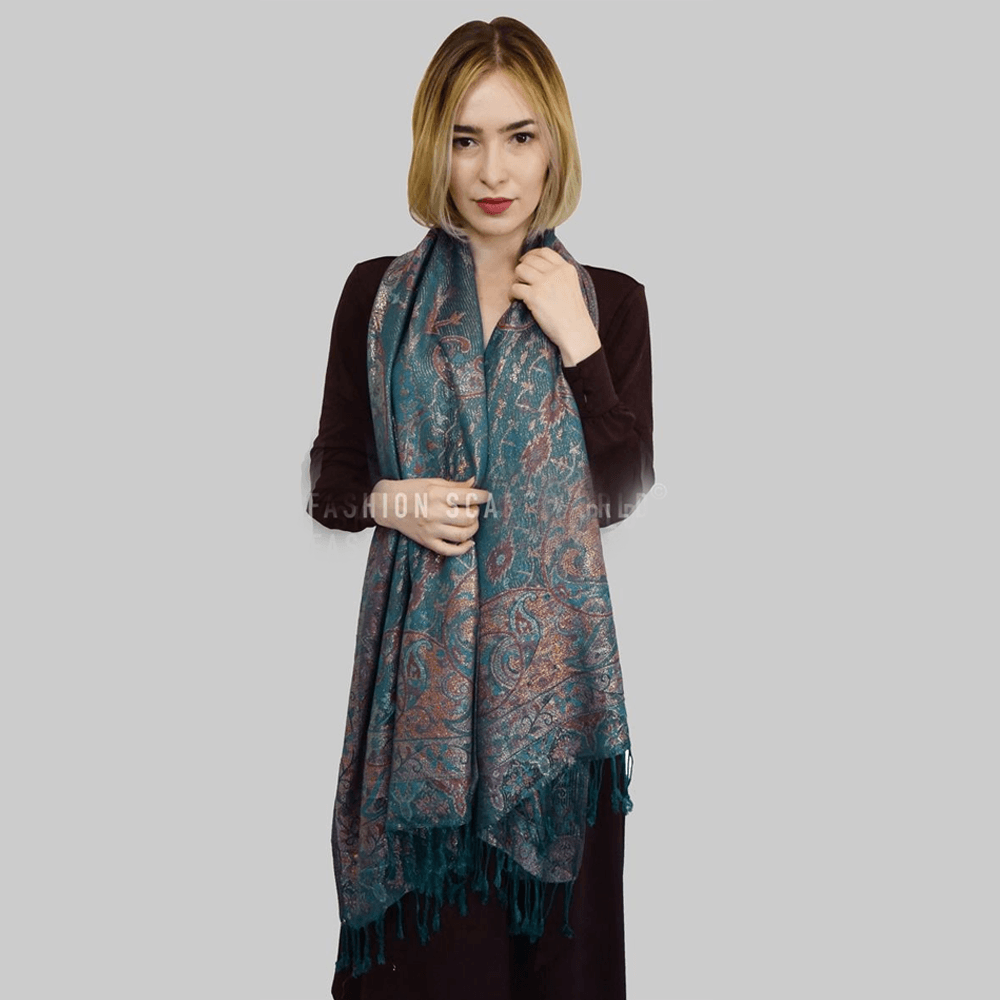 Eșarfă-Șal 100% Cașmir Pashmina Autentic, 70 cm x 180 cm, Teal Lucios - Bijuterii TV