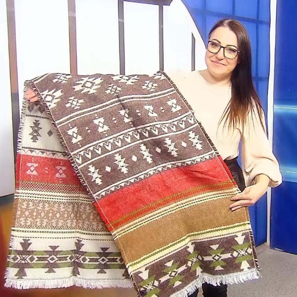 Eșarfă-Șal din lână, 190 cm x 53 cm, Crem și Maro, Model Aztec - Bijuterii TV