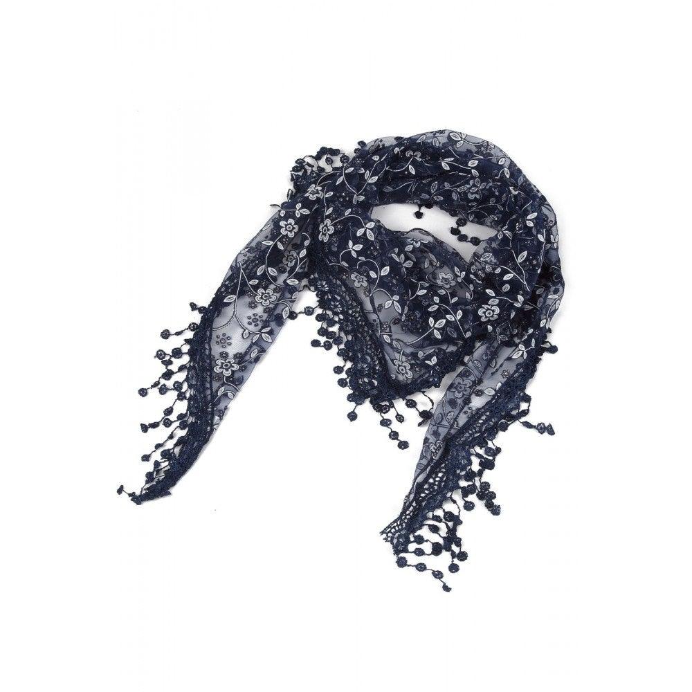 Eșarfă-Șal Triunghiulară 45 cm x 45 cm x 170 cm cu Model Floral Lucios, Albastru Navy - Bijuterii TV