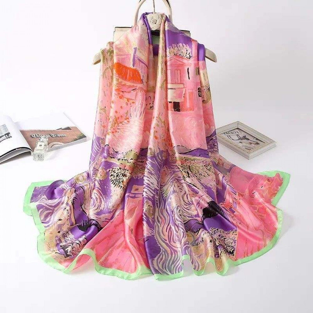 Eșarfă din Mătase, 90 cm x 180 cm, model casa de vis, roz, 100% mătase